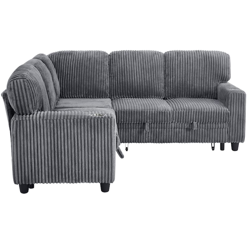81x81 Inch Convertible Sectional Sofa with Pull-Out Bed & USB Charging（ Corduroy）