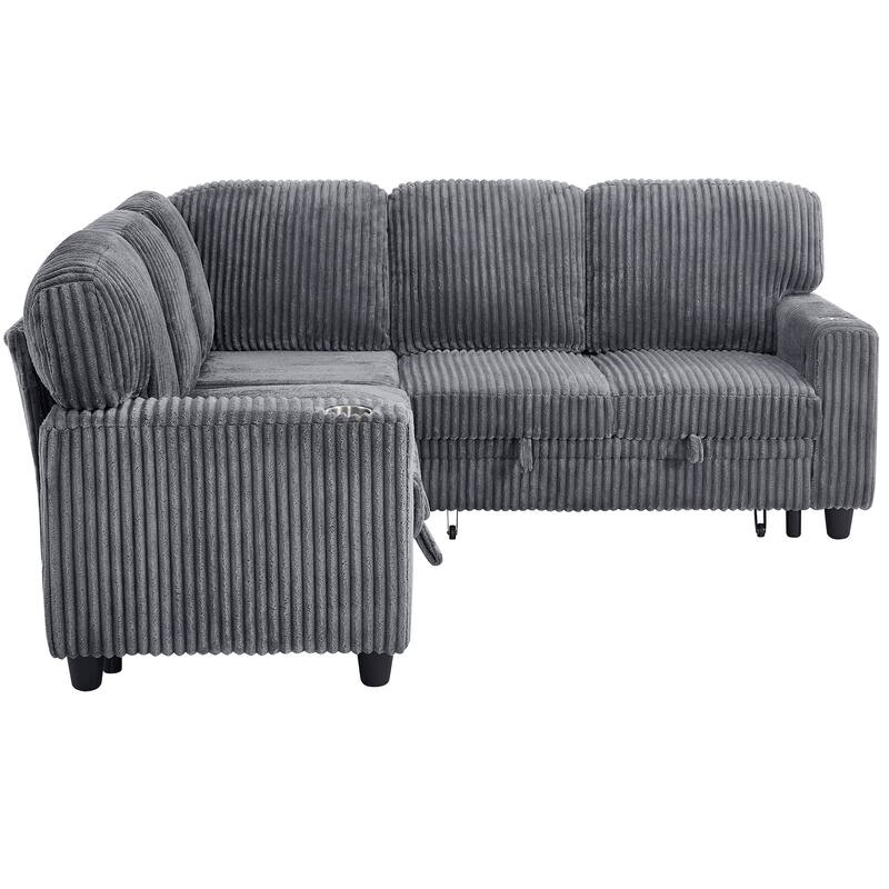 GDFStudio - Modern 5-Seat Sectional L-Shaped Sofa with Pull-Out Sleeper Bed, Storage, Cup Holder & USB Charging - 81"W