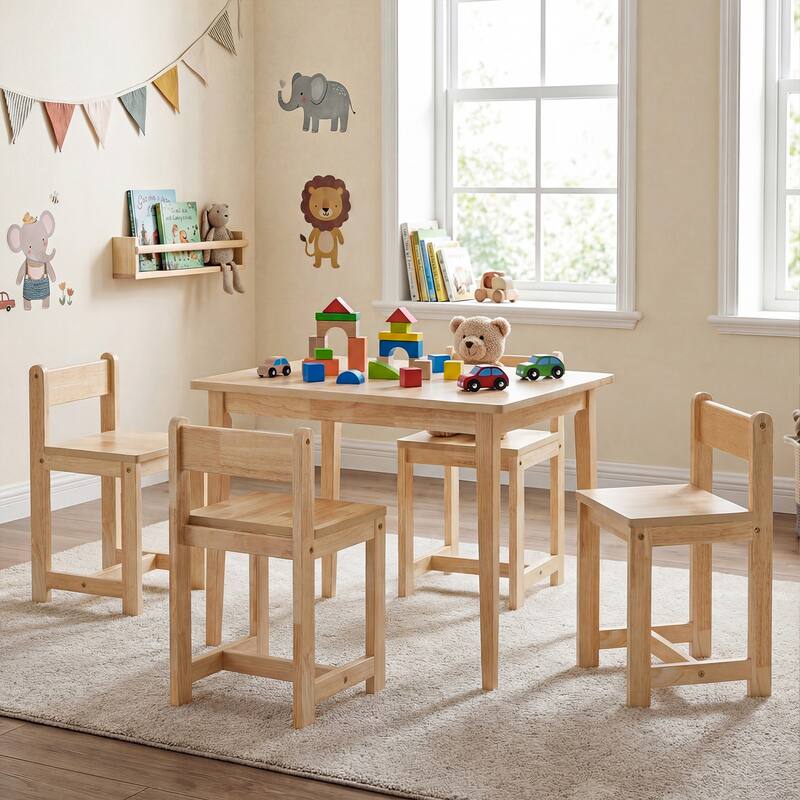 Gymax 5-Piece Kids Table and Chairs Set Solid Rubber Wood Toddler