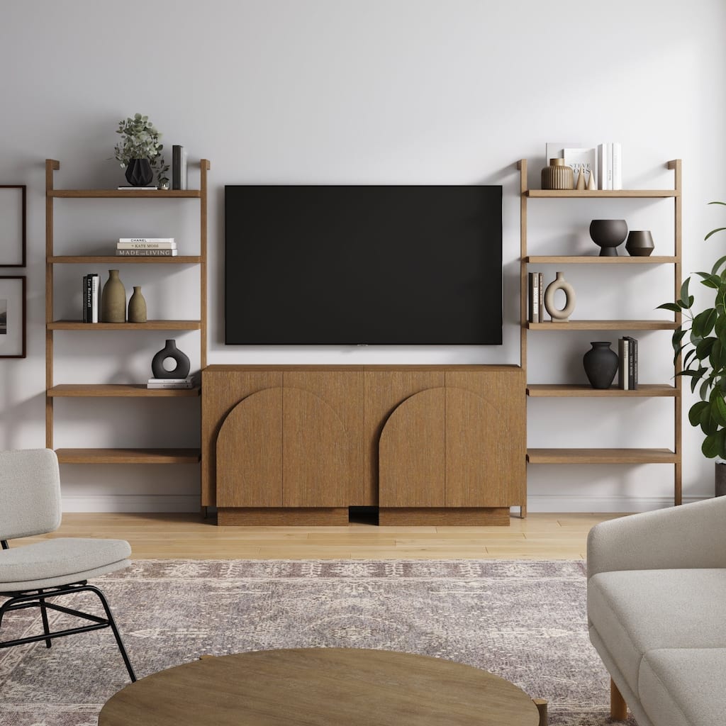 Iris Mid Century Modern Solid Wood Entertainment Center or Wall Storage Unit with Arched Doors