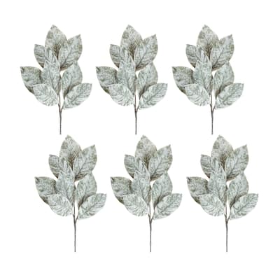 Frosted Winter Magnolia Leaf Spray (Set of 6) - N/A