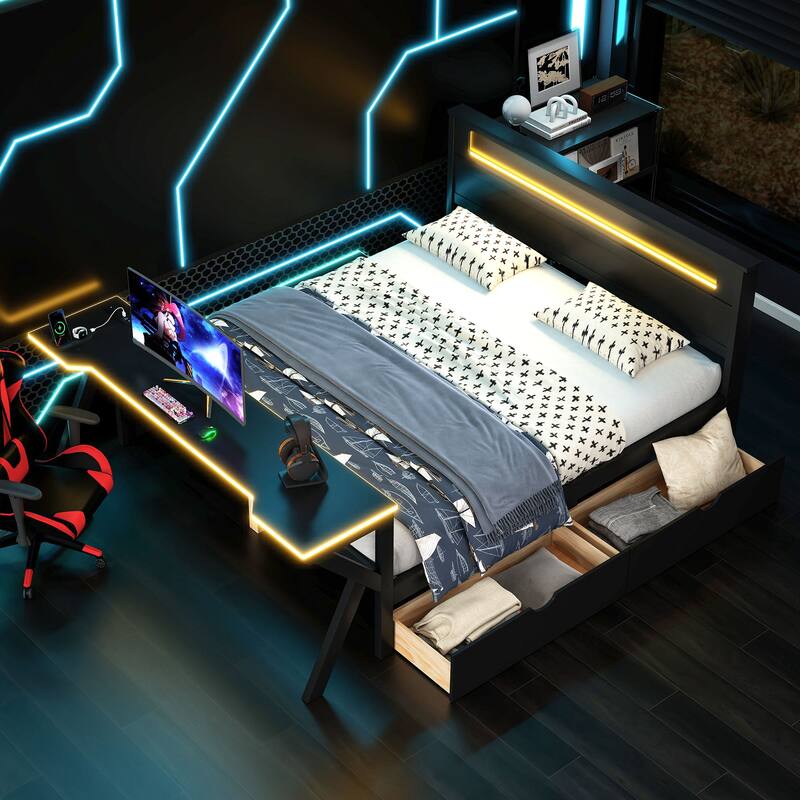 Roomfitters Twin/Full Wooden Gaming Platform Bed with LED Headboard, Desk and Drawers, Black