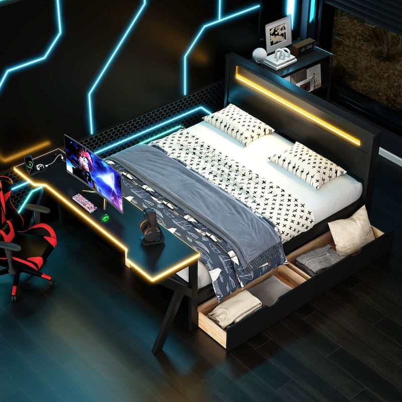 Wooden Gaming Platform Bed with LED Headboard, LED Desk, USB and 2 Storage Drawers, Black Bed Frame - Black - Full