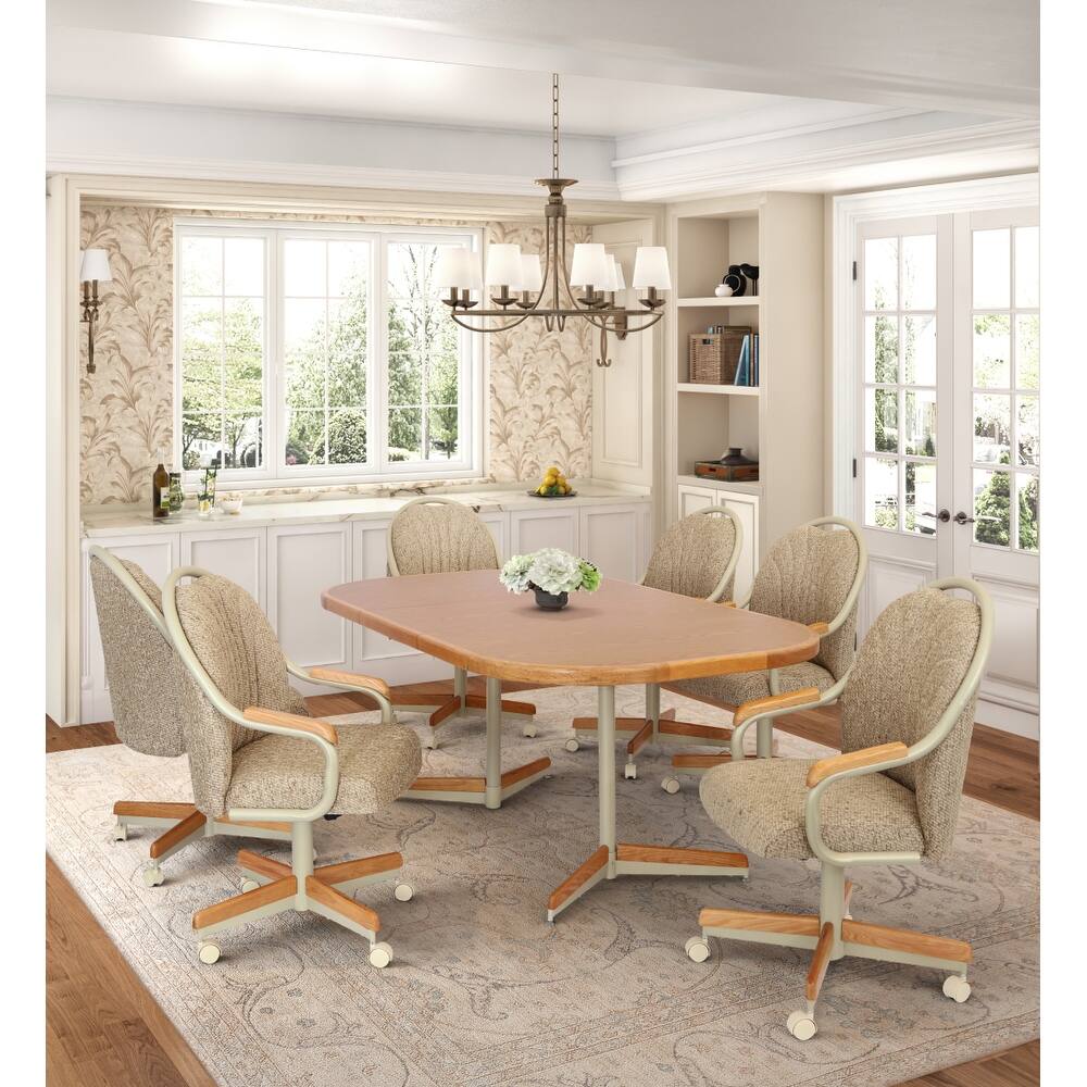 Caster Chair Company 7-Piece 42x[54/72] Oak Caster Castor Dining Set Laminate Table Top & Wheat Rolling Swivel Tilt Chairs