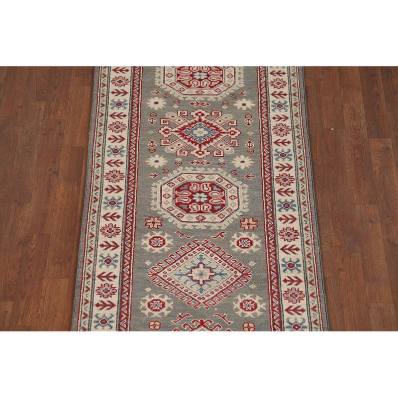 Gray Geometric Kazak Runner Rug Handmade Wool Carpet - 2'9" x 16'5"