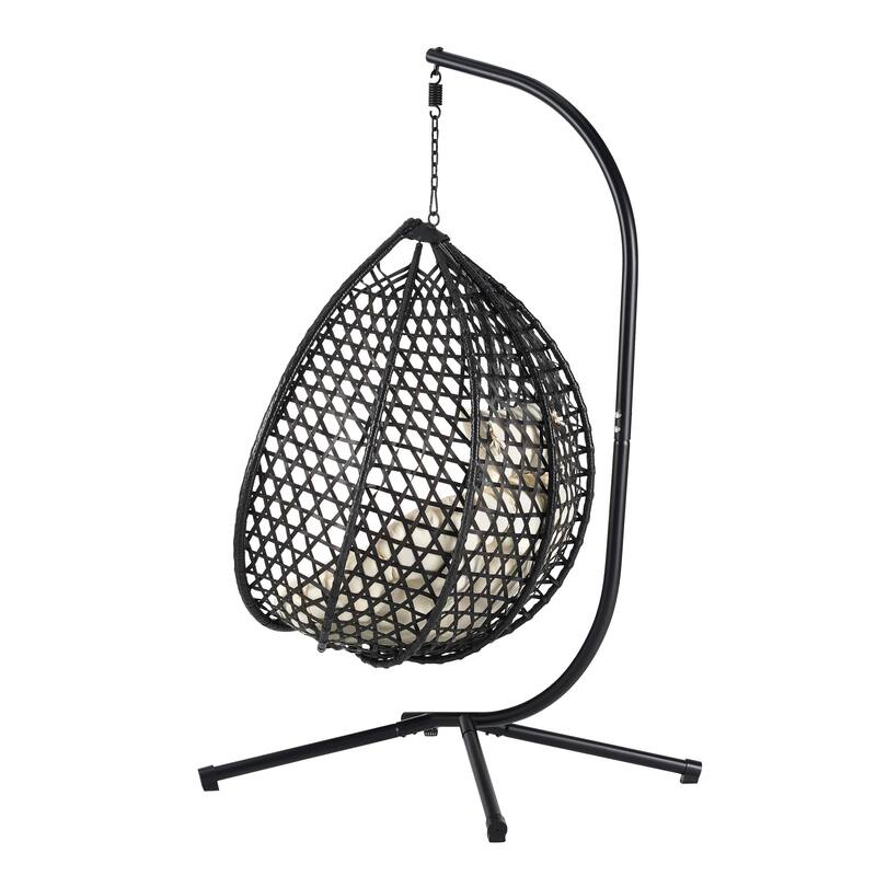 Hollowed-Out Hanging Chair with Adjustable Headrest, Weather-Resistant Rattan Swing Chair with Iron Base