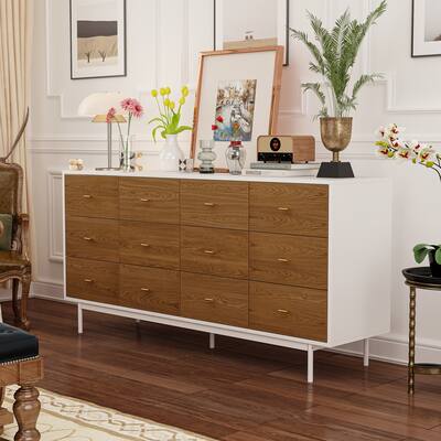 63"Dresser with12 Drawers,Gold Metal Handles Chest Organizer Cabinet