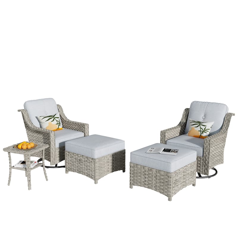 HOOOWOOO 5-piece Rattan Outdoor Furniture Patio Swivel Chair Chat Set with Ottoman
