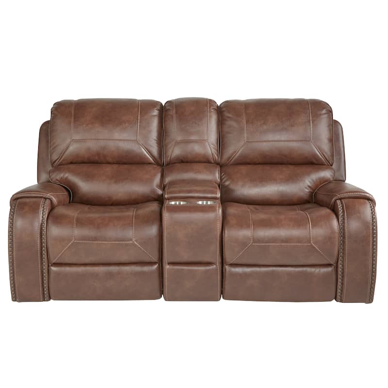 Roundhill Furniture Achern Leather-Air Nailhead Trim Manual Reclining Sofa and Loveseat