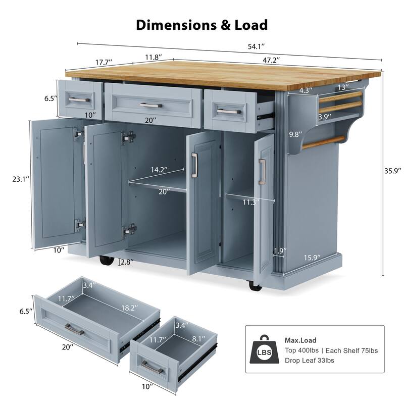 54'' Large Kitchen Island with Rubber Wood Drop Leaf, Embossed Texture Rolling Kitchen Cart on 4 Wheels with 4 Doors & 3 Drawers