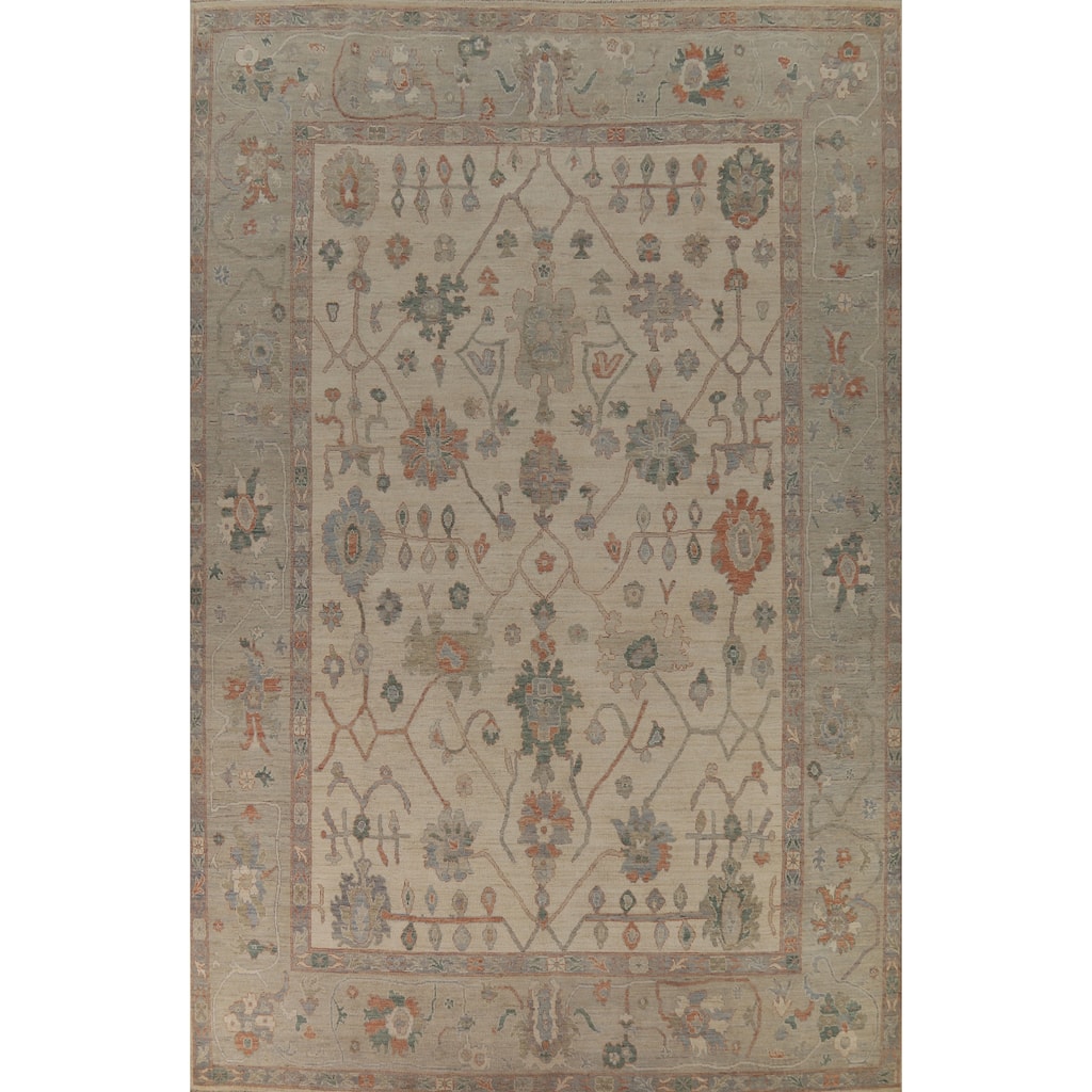 Hand Knotted Oriental 100% Wool Carpet Transitional All-Over Beige & Ivories Oushak Area Rug - 15' 0'' X 10' 3''
