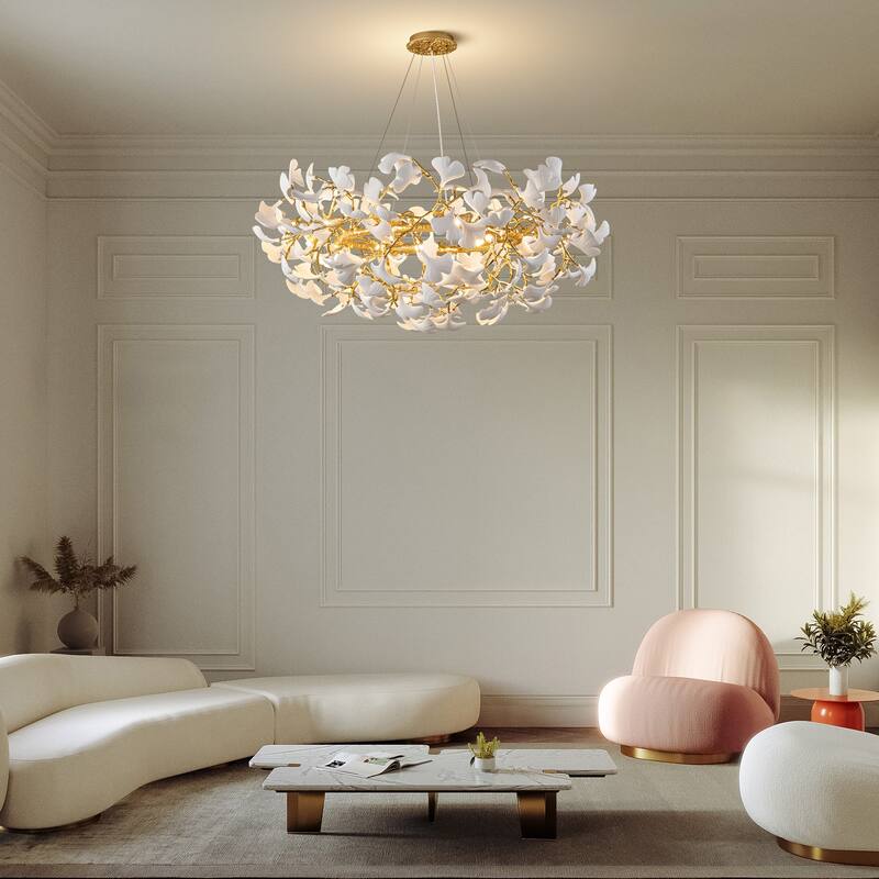 Modern Ginkgo Leaf Ceramic Chandelier, Moon Ring Round Pendant Light, D550-D1200, Gold Finish