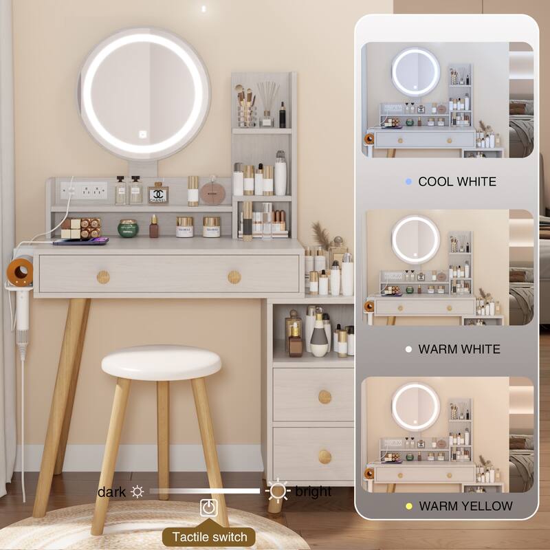 Vanity Desk with LED Lighted Mirror, Vanity Table Set with Cushioned Stool, Dressing Table with Drawers and Open Shelves
