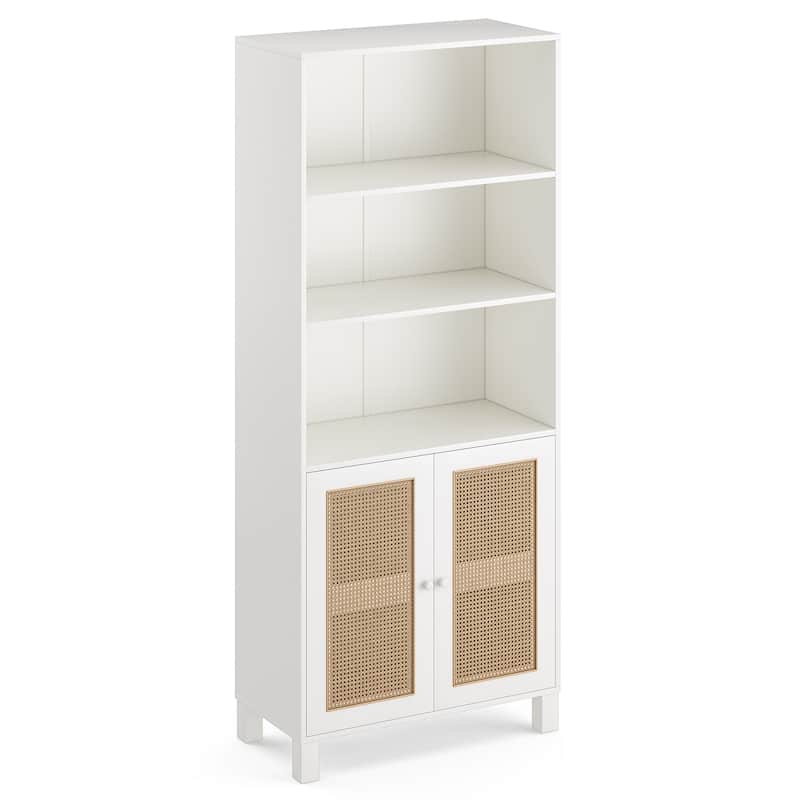 Tall Bookcase with Rattan Doors,5 Tier Storage Wood Shelves Large Bookshelf for Library Living Room Bedroom Home Office
