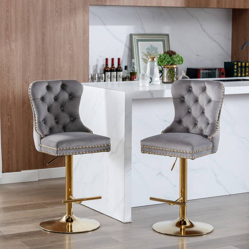 Modern Golden Swivel Velvet Barstools with Adjustable Height, Tufted Design for Kitchen and Pub - Set of 2