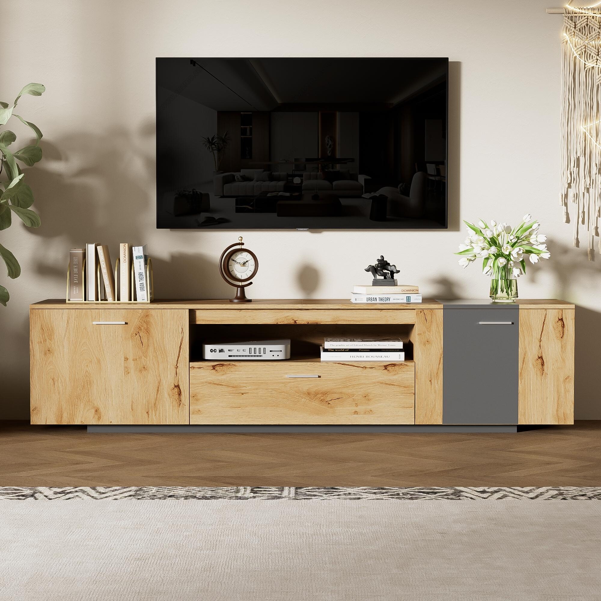 Particle Board TV Stand Fits TVs up to 80 in Grey Natural Wood