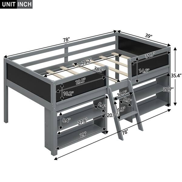 dimension image slide 1 of 2, Twin Low Loft Bed with Movable Shelves and Chalkboard Guardrail