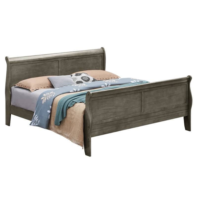 King Sleigh Bed - Gray Wood Veneer - Classic Design - High Footboard - Requires Box Spring - Homestock