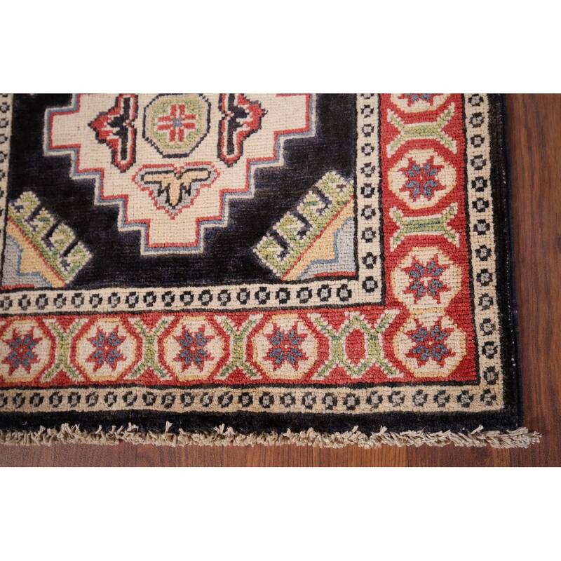 Black Geometric Kazak Oriental Foyer Rug Hand-Knotted Wool Carpet - 2'1" x 2'8"