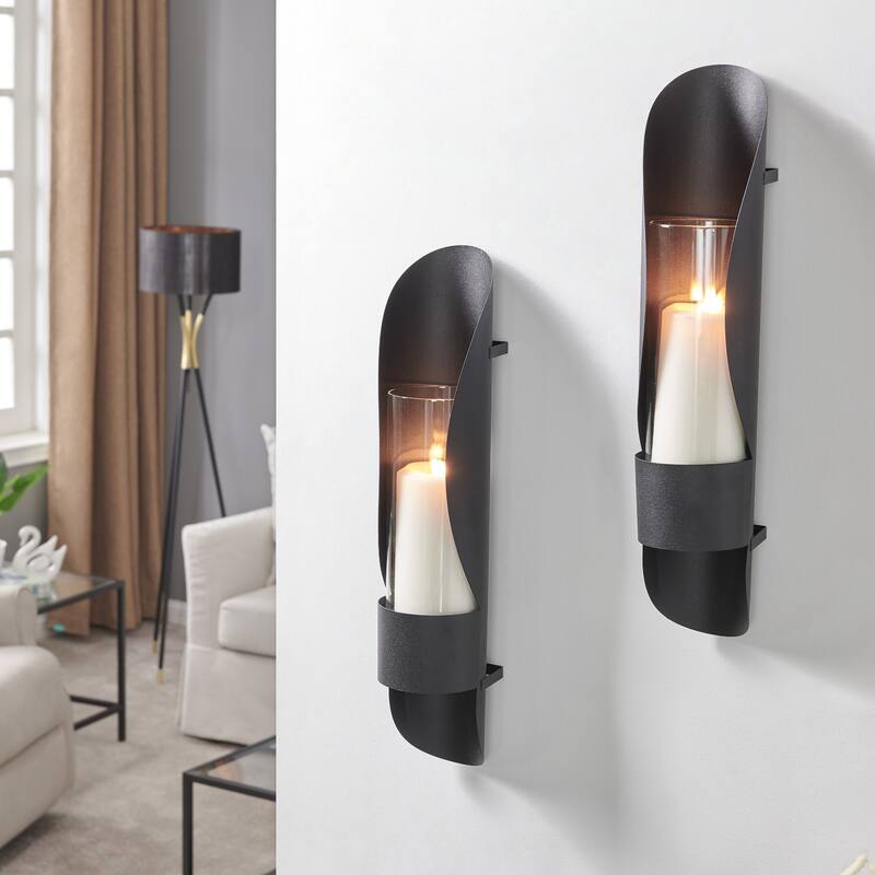 Curved Wall Sconce Candle Holders with Glass Insert - 18.75" - Black - Set of 2