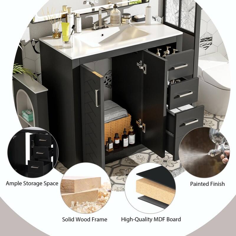 Freestanding 36'' Bathroom Vanity with Ceramic Sink, 3 Drawers, Soft Closing Doors & Solid Wood Frame