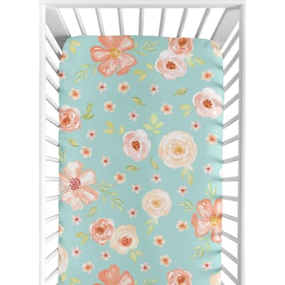 Sweet Jojo Designs Turquoise and Peach Watercolor Floral Collection Fitted Crib Sheet