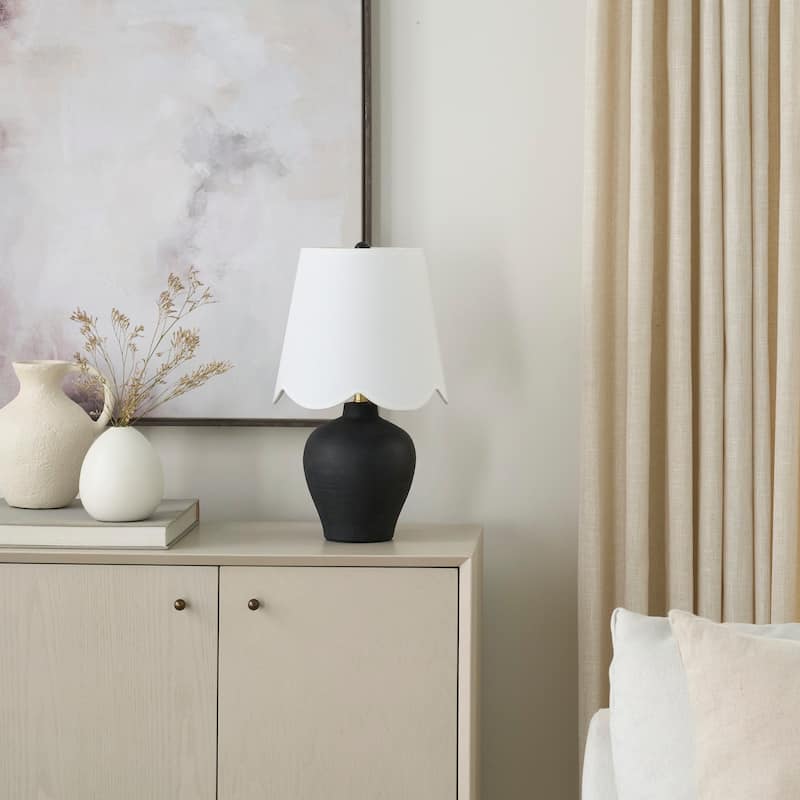 Nourison 18" Small Black Ceramic Table Lamp with White Scallop Shade