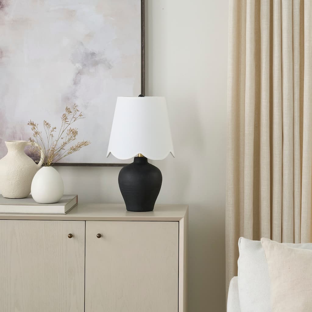 Nourison 18" Small Black Ceramic Table Lamp with White Scallop Shade