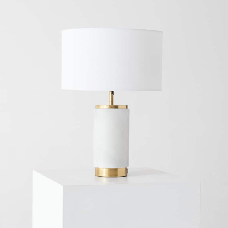 Brightech Arden 17 in. White Mid-Century Modern LED Standard Table Lamp with White Fabric Drum Shade and Built-In USB Port