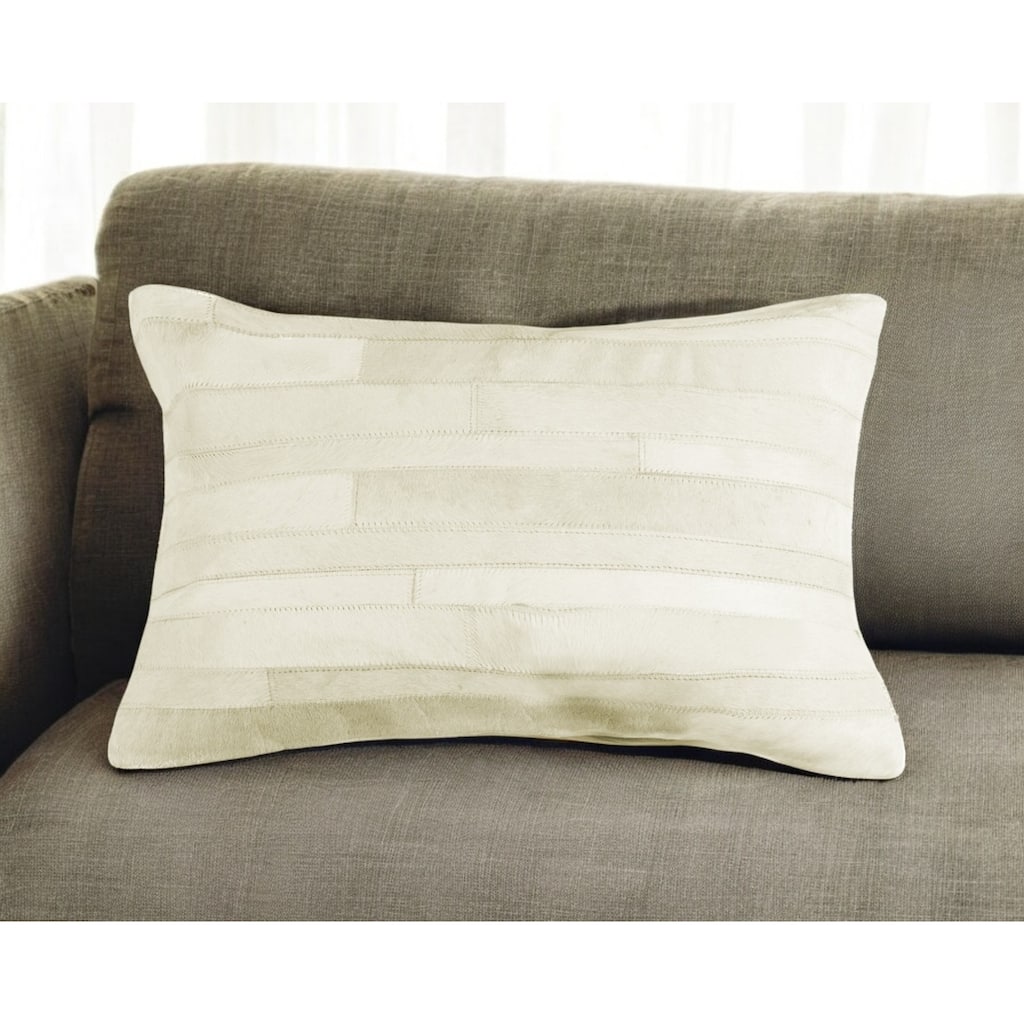12" X 20" Off White Patchwork Cowhide Lumbar Throw Pillow - Off White