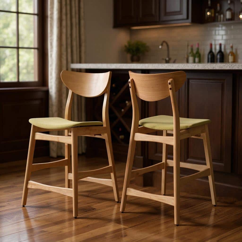 HomeRoots Set of Two Green and Natural Fabric and Wood Low Back Bar Height Bar Chairs