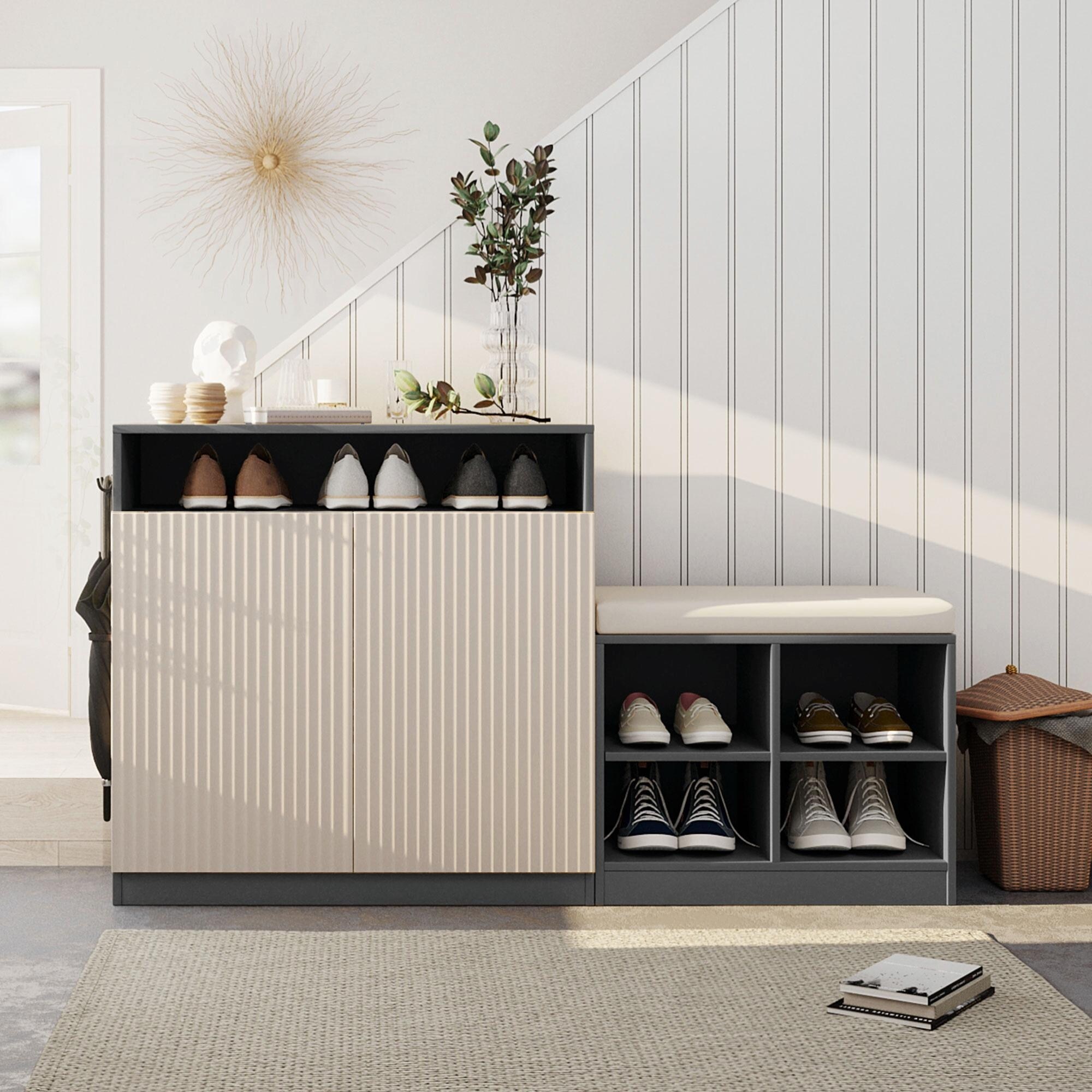 Living Room Cabinet with Shoe Bench, 2 Doors & 3-Tier Adjustable Shelves