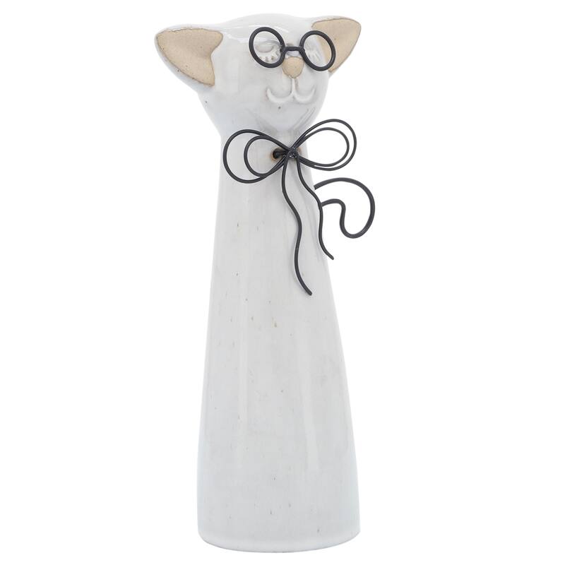Sagebrook Home Modern Neutral Ceramic Cat with Glasses Figurine - 5" x 2" x 8"