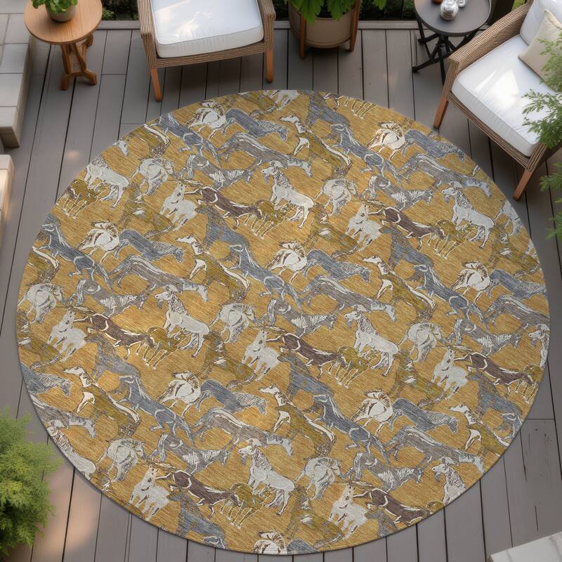 Machine Washable Indoor/ Outdoor Horse Herd Chantille Rug - Gold - 8' x 8'