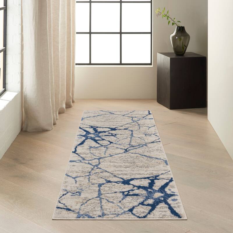 Calvin Klein River Flow Contemporary Abstract Ivory Blue Area Rug - 2'3" x 7'3" - Ivory Blue
