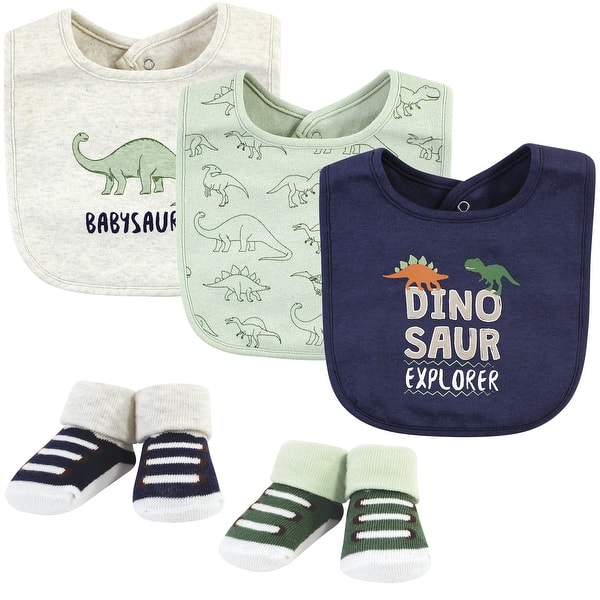 slide 1 of 1, Hudson Baby Infant Boy Cotton Bib and Sock Set, Dinosaur Explorer, One Size - Dinosaur Explorer - One Size One Size - Dinosaur Explorer