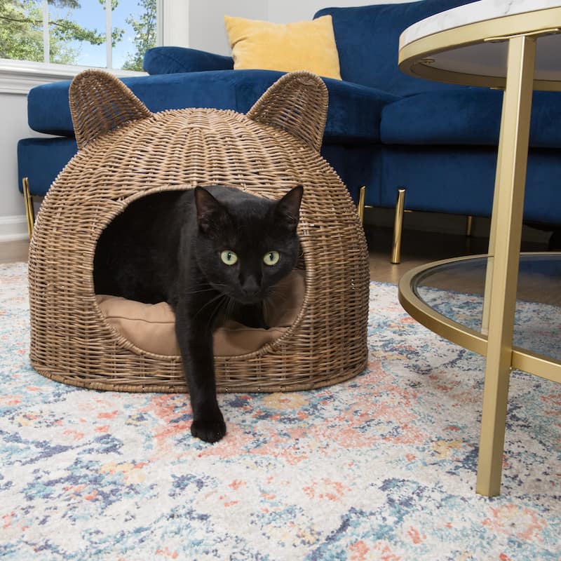 Cat Ear 20" x 14.5" Coastal Handwoven Rattan Cat Bed with Machine-Washable Cushion, Natural