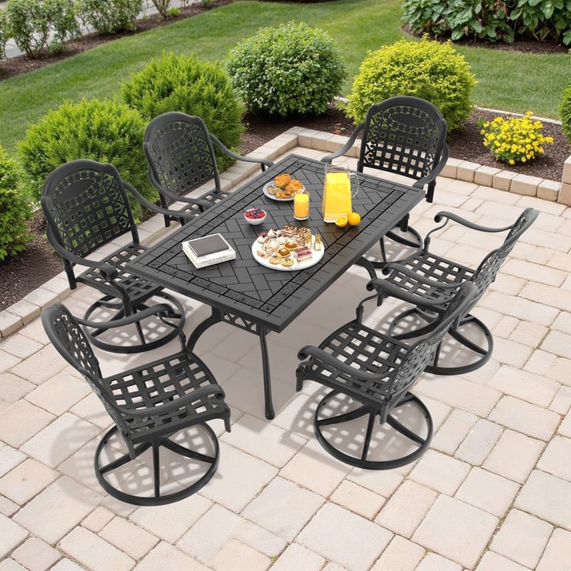 7-Piece Aluminum Rectangular Outdoor Patio Dining Set, 6 Cushioned Swivel Chairs, Table, All-Weather Frames