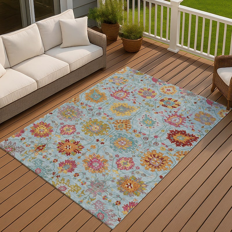 Machine Washable Indoor/ Outdoor Traditional Kashan Chantille Rug - Sky - 9' x 12'
