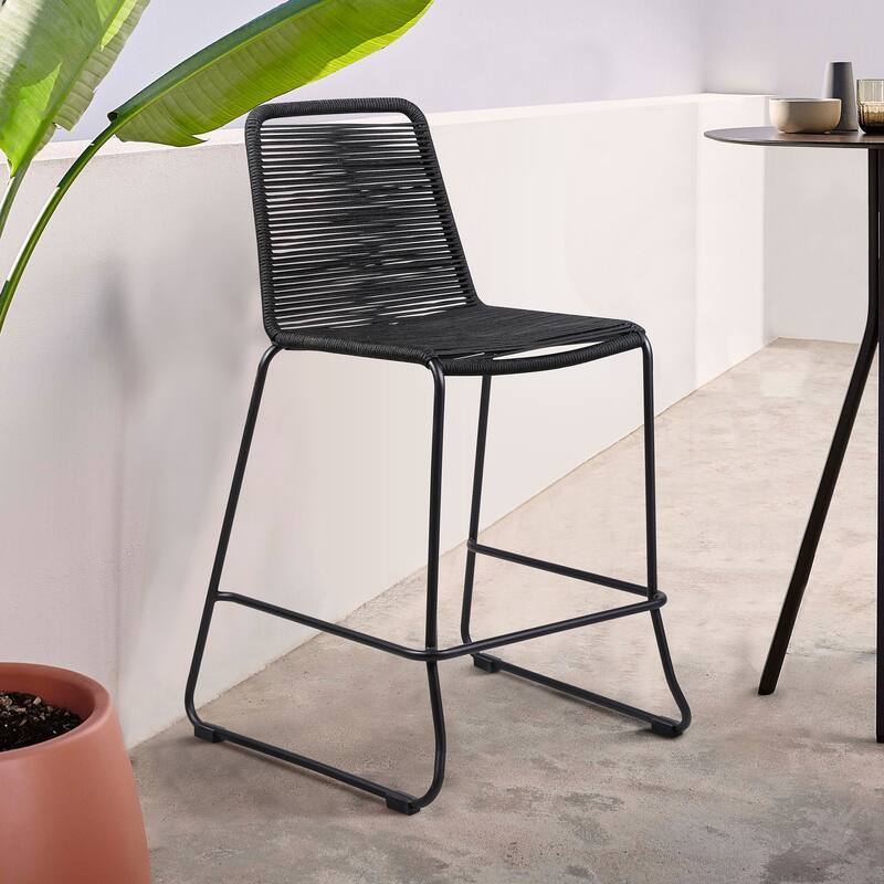 Shasta Black Metal and Rope Indoor Outdoor Patio Counter Height Chairs - Set of 2 - Counter Height - Black