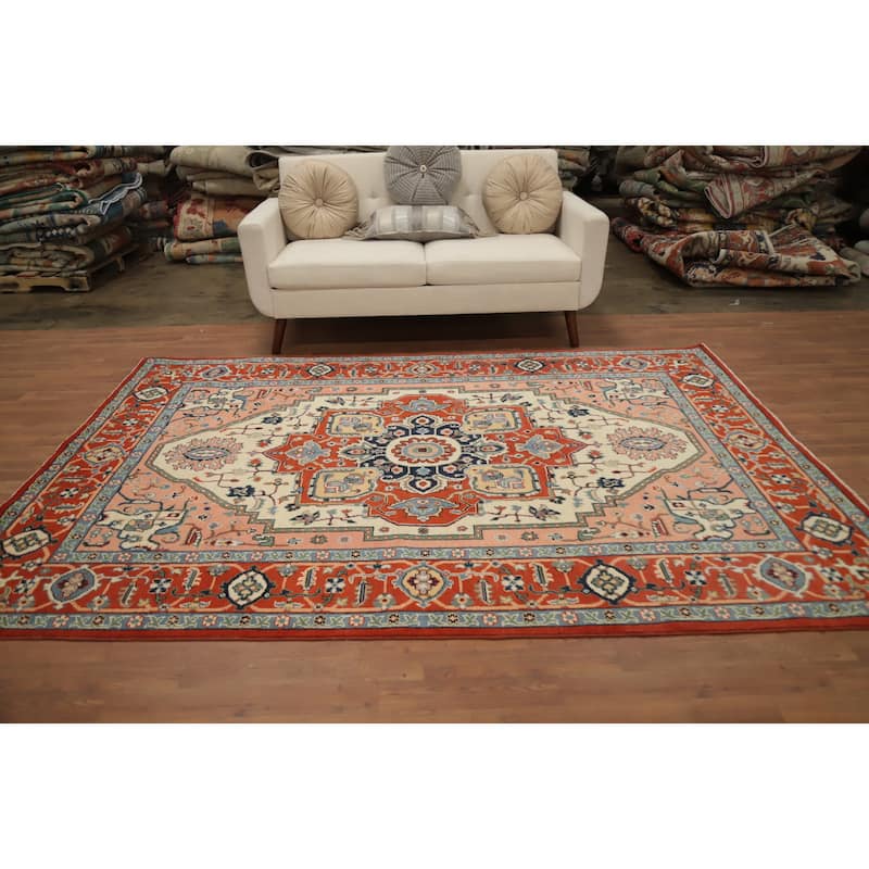 Hand Knotted Oriental 100% Wool Carpet Traditional Medallion Oranges & Rust Heriz (serapi) Area Rug - 8' 9'' X 6' 1''