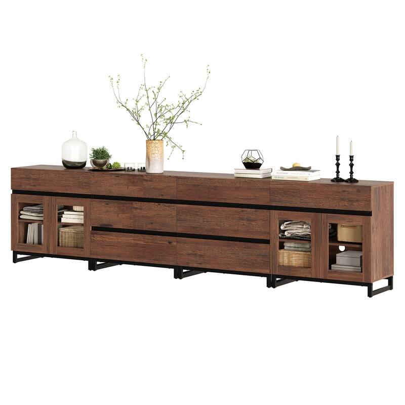 4-in-1 TV Stand for 120" TVs, Modern Console with Glass Doors & 8 Drawers