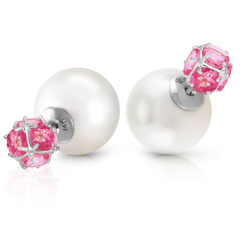 14K Solid Gold Tribal Double Shell Pearls And Pink Topaz Stud Earrings - White