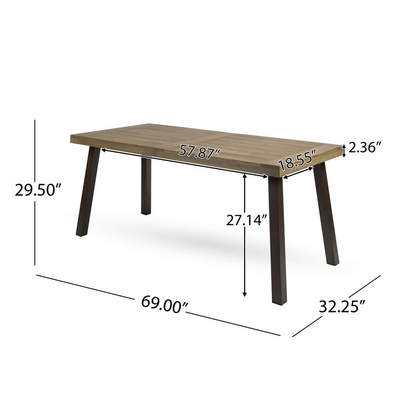 Roomfitters Della Outdoor Acacia Wood Dining Table with Rustic Metal Legs, Slat Design, Modern Grey Finish