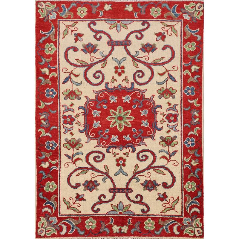 Kazak Accent Rug Hand-Knotted Floral Wool Carpet - 2'8" x 3'9"