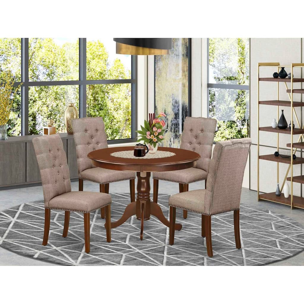 HomeStock 5-Piece Round Mahogany Finish Solid Wood Top Dining Table with 4 Parson Chair