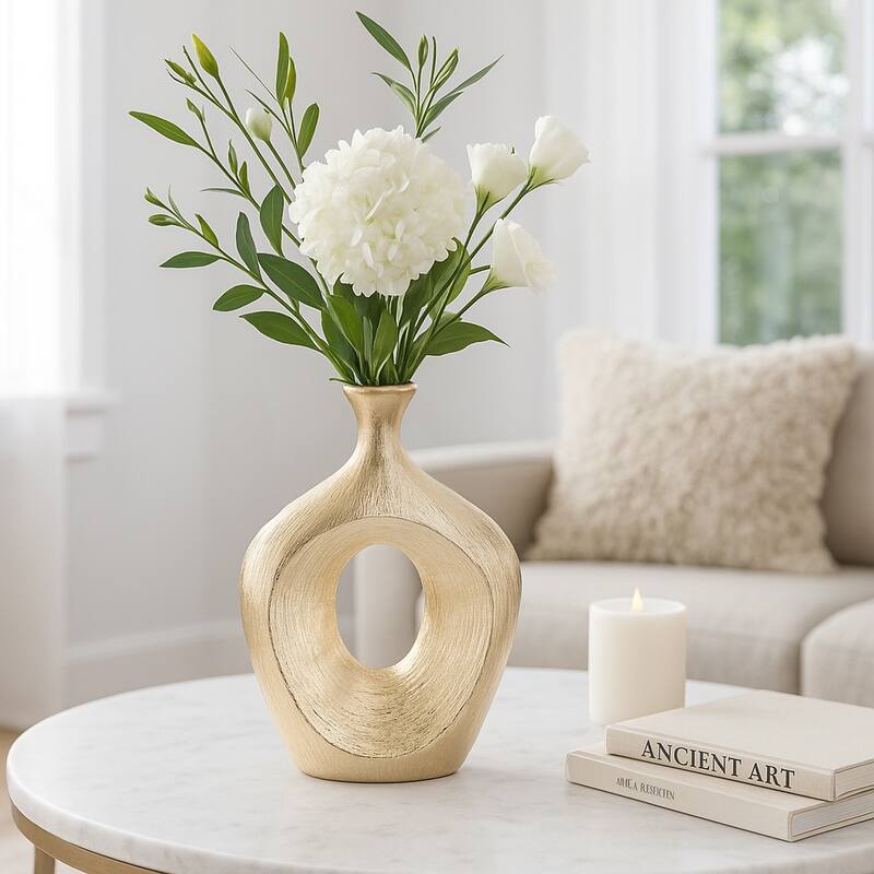 Modern Ceramic Textured Oval Cut-Out Vase - Home Decor - 13"