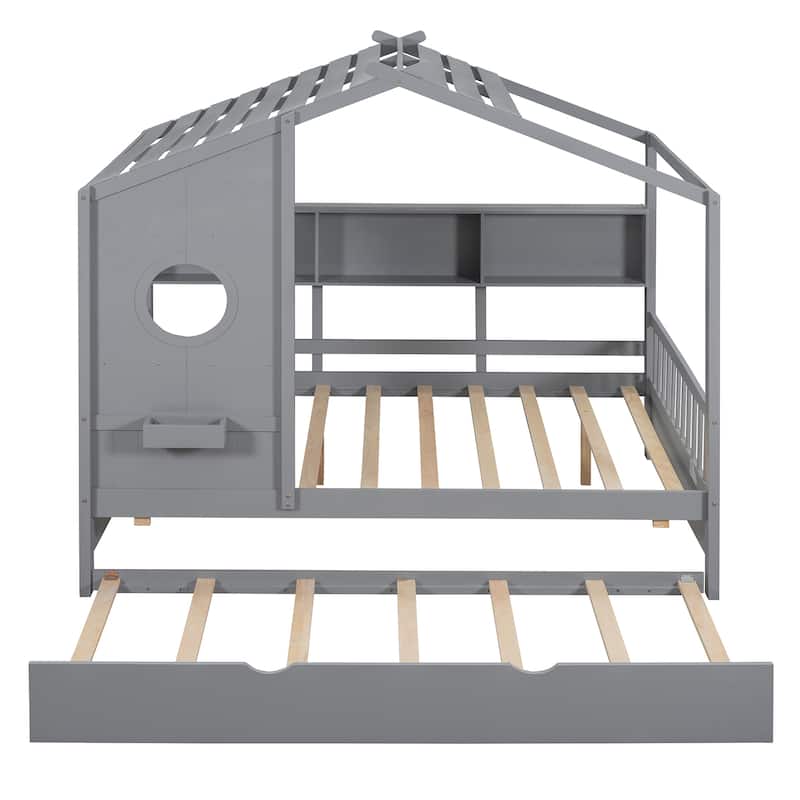 Full Size Wooden House Bed with Trundle and Storage Shelf