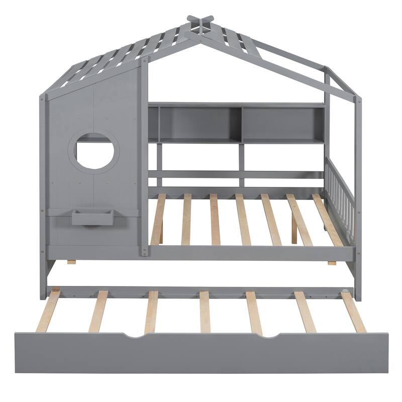 Wooden Platform Bed with Trundle & Storage Shelf