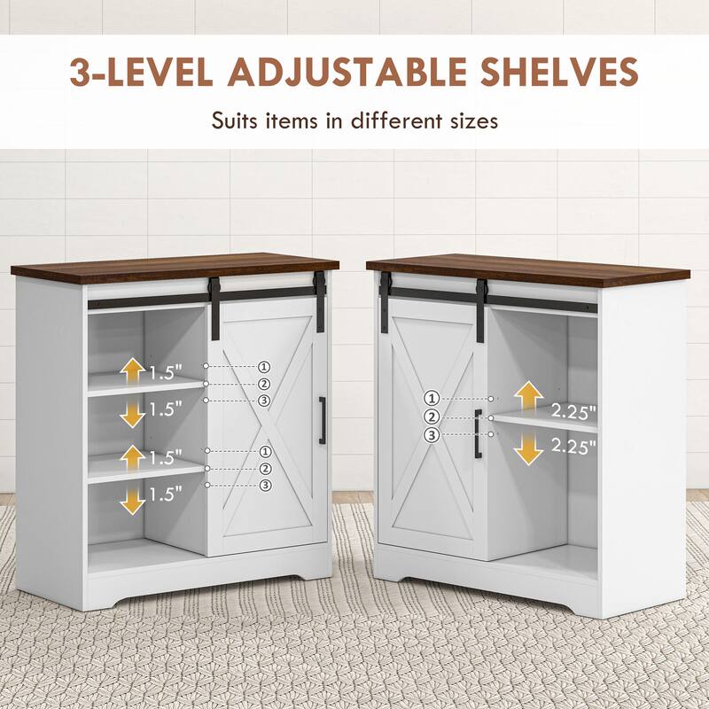 Farmhouse Coffee Bar Cabinet, 33" Buffet Sideboard with Sliding Barn Door and Adjustable Shelf, Kitchen Buffet Cabinet